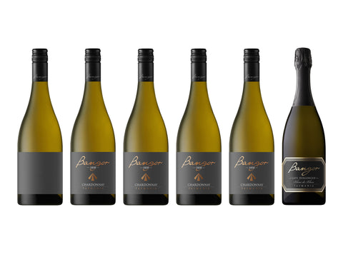 Six bottles of Bangor Chardonnay wine on a white background