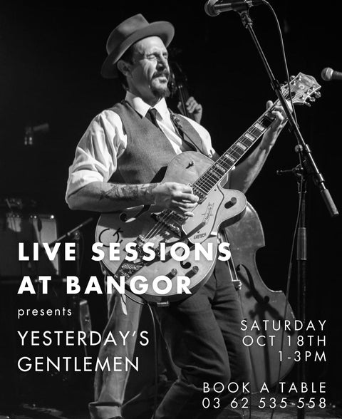 Black and white photo of band Yesterday's Gentlemen playing guitar with text about Live Sessions at Bangor event.