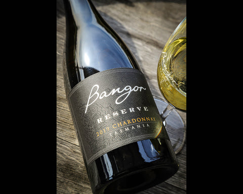 Bottle of Bangor barrel aged, Reserve Chardonnay, with a beautiful textured label, Tasmanian white wine.