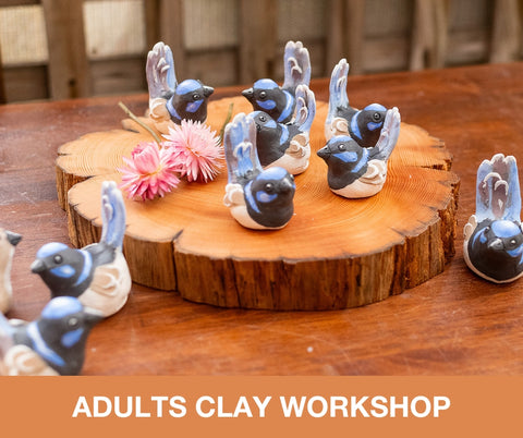 Clay workshop for Adults. Make a blue fairy wren at Bangor Vineyard Shed, Dunalley, Tasmania.