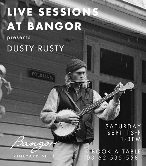 Person playing banjo with text about live sessions at Bangor Vineyard Shed.