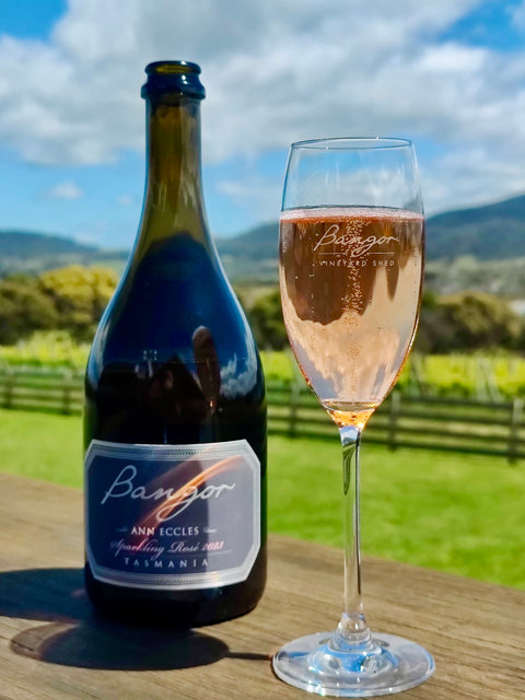 Bottle and glass of Bangor sparkling rose wine with a scenic background