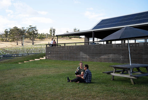 A family sitting on Bangor's lawns, near a picnic table with a shade umbrella. The image shows a grassy slope from the Bangor Shed building down to the lawn area.