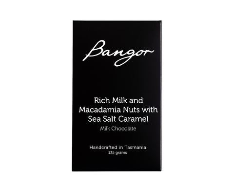 Bangor chocolate block which white text. Handmade Tasmanian chocolate, a perfect gift.