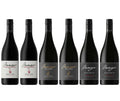 Six bottles of Bangor Pinot Noir wine on a white background