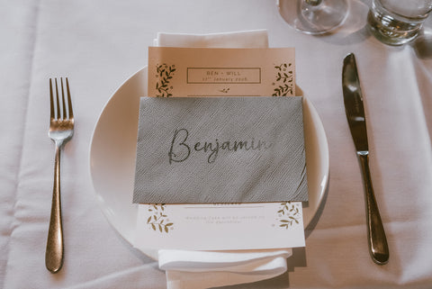 Place setting at a wedding Reception at Bangor Vineyard