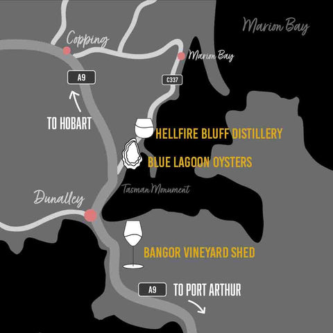 Tasman Gourmet Tasting Trail Map, Hellfire Bluff Distillery, Blue Lagoon Oysters and Bangor Vineyard Shed.