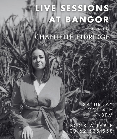 Black and white photo of singer Chantelle Eldridge in a dress with text about live sessions at Bangor.