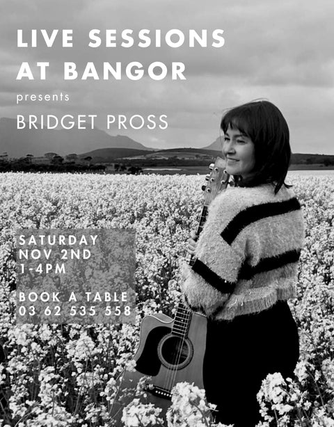 Promotional poster for 'Live Sessions at Bangor' featuring Bridget Pross with a guitar, set against a scenic background.