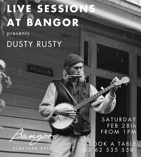 Dusty Rusty playing banjo with text about live sessions at Bangor Vineyard Shed.