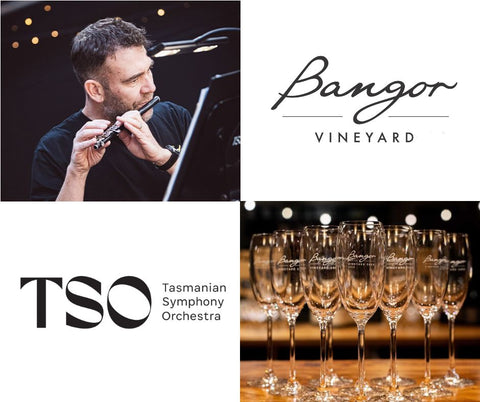Collage of a man playing flute, Bangor Vineyard logo, Tasmanian Symphony Orchestra logo, and wine glasses with 'Bangor' branding.