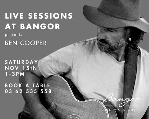 Promotional poster for Ben Cooper's live session at Bangor Vineyard Shed with a black and white photo of a Ben holding an acoustic guitar.